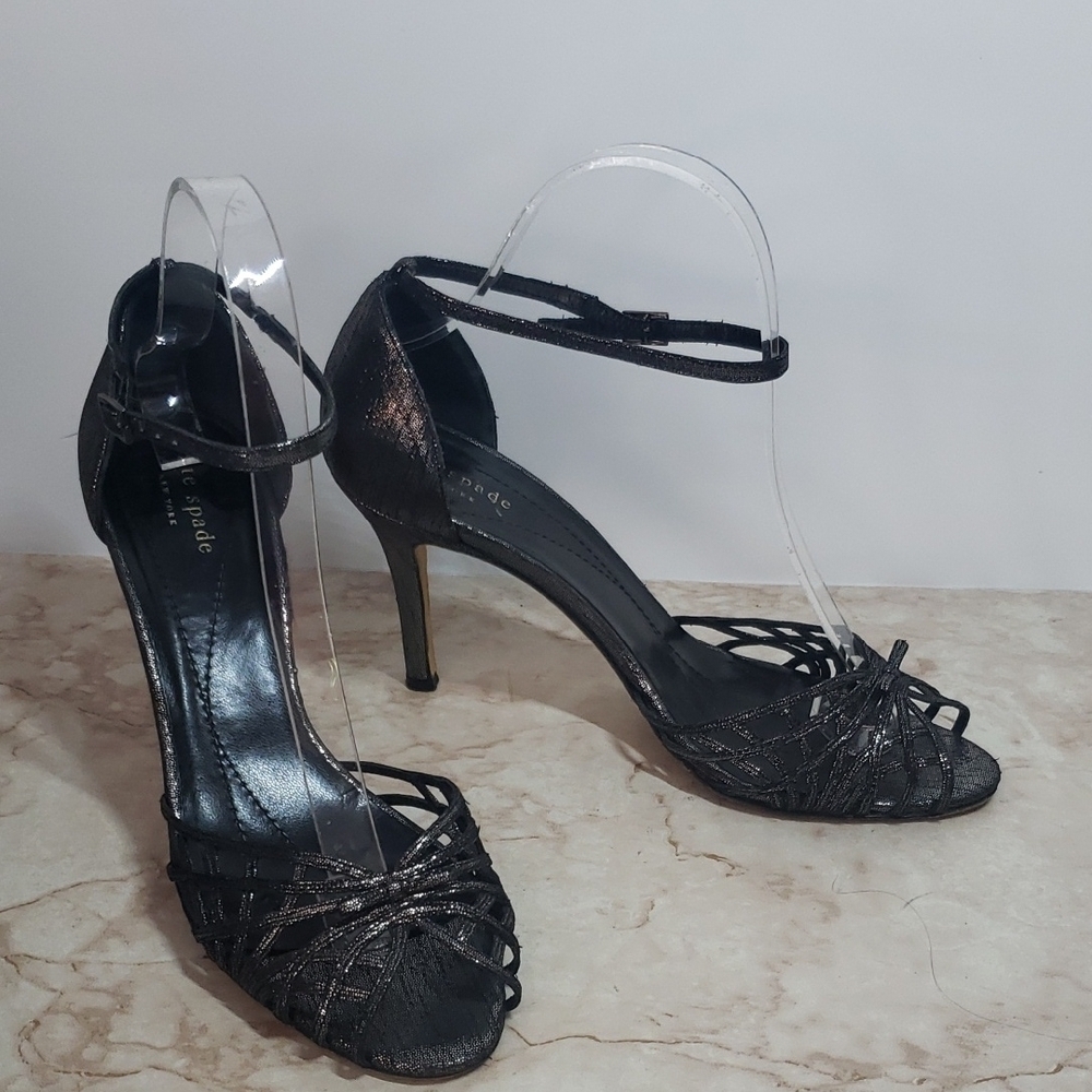 Kate Spade Elegant Charcoal Gray Silver Strappy Heels Size 8